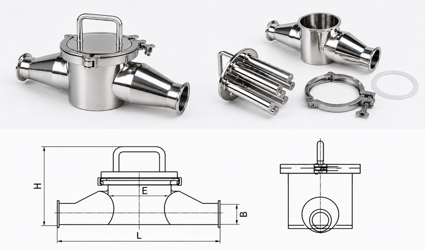 Bản vẽ thông số của bộ nam châm lọc chất lỏng kết nối bằng clamp